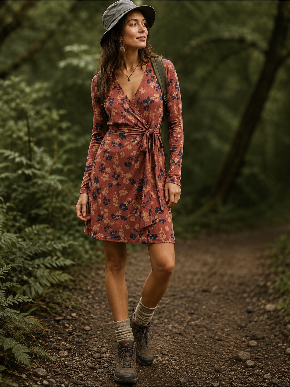 Toad&Co Cue Wrap Midi Dress Large Rust Floral Long Sleeve Tie Waist Dress